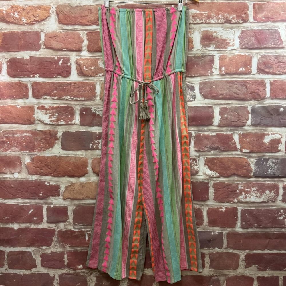 Elan Pants Jumpsuit Women's L Multicolor Boho Striped Abstract Strapless Casual